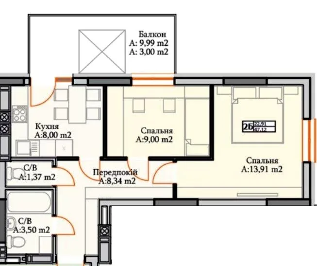 2-комнатная квартира, 47 м², вул. Мечникова, 104а, 106, 106а, 106г, 106е, 1, Ирпень — фото 1