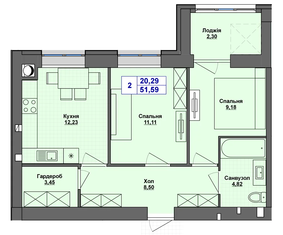 2-кімнатна квартира, 52 м², Старокостянтинівське шосе, 5/5, Хмельницький — фото 1
