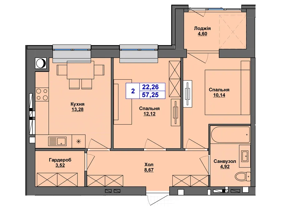ЖК Перлина Проскурова-5 — 57.3 м²