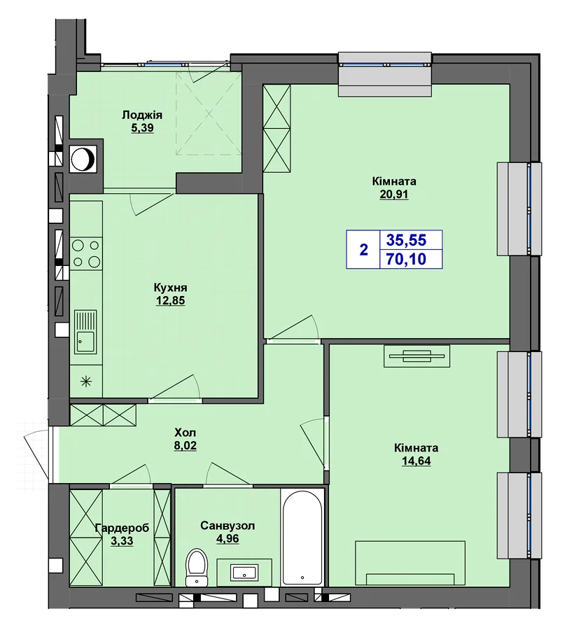 2-кімнатна квартира, 70 м², Старокостянтинівське шосе, 5/5, Хмельницький — фото 1