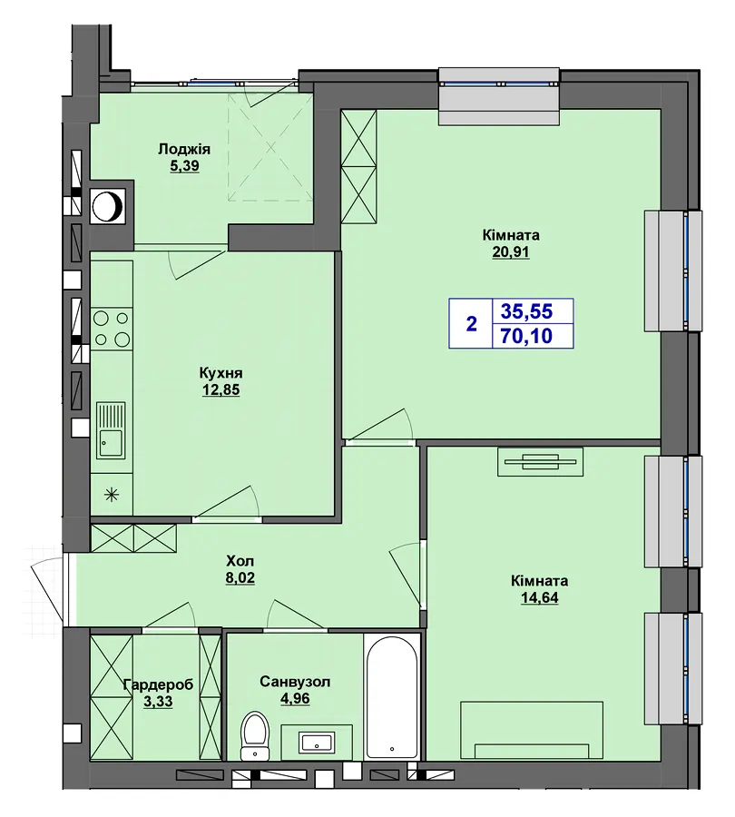 ЖК Перлина Проскурова-5 — 70.1 м²