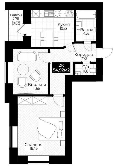 2-кімнатна квартира, 55 м², Коломия