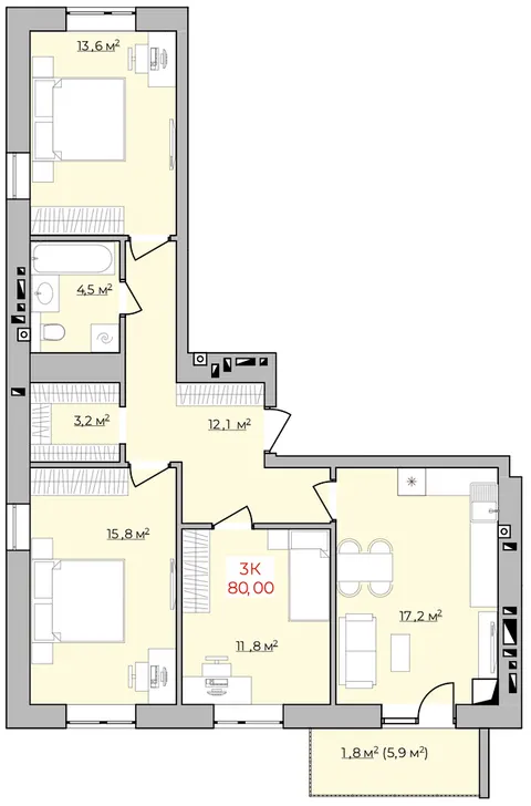 3-кімнатна квартира, 80 м², Коломия