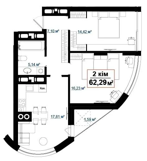 ЖК Акварелі — 62.3 м²