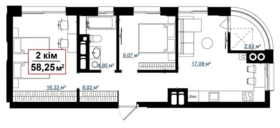 ЖК Акварелі — 58.3 м²