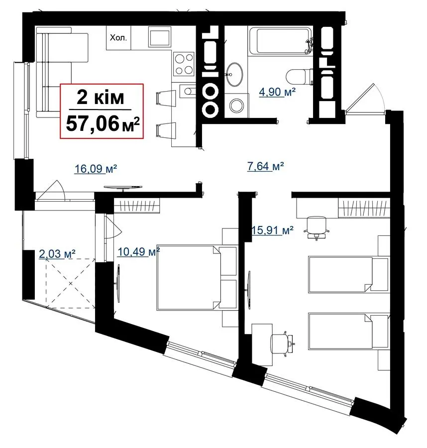 ЖК Акварелі — 57.1 м²