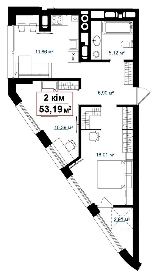 ЖК Акварелі — 53.2 м²