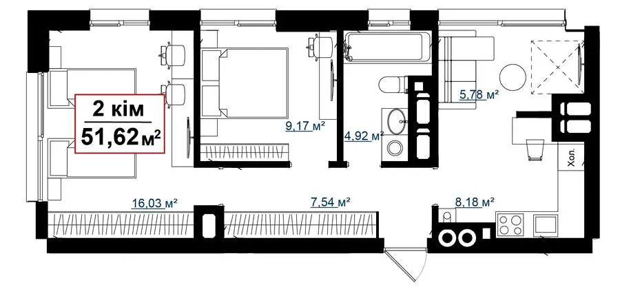 ЖК Акварелі — 51.6 м²