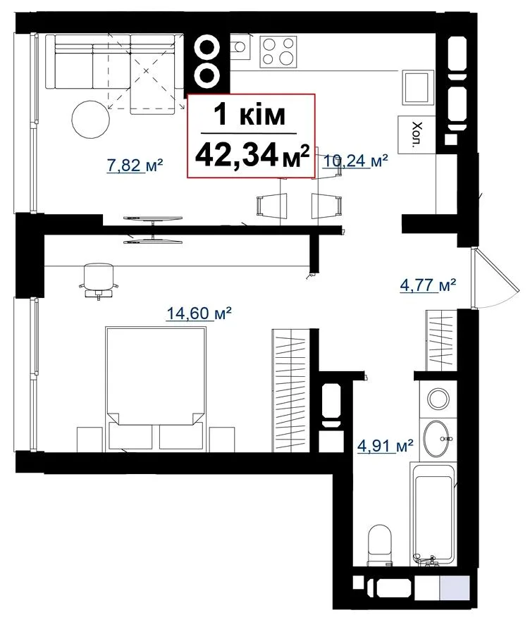 1-комнатная квартира, 42 м², вул. Пасічна, 30, Пасечная — фото 1