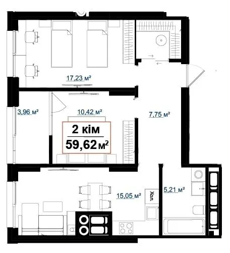 ЖК Акварелі — 59.6 м²