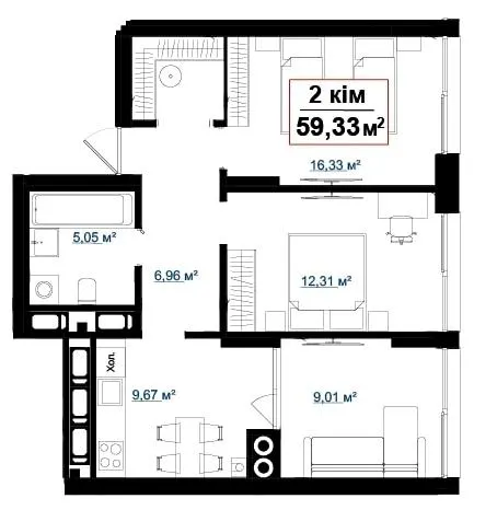 ЖК Акварелі — 59.3 м²