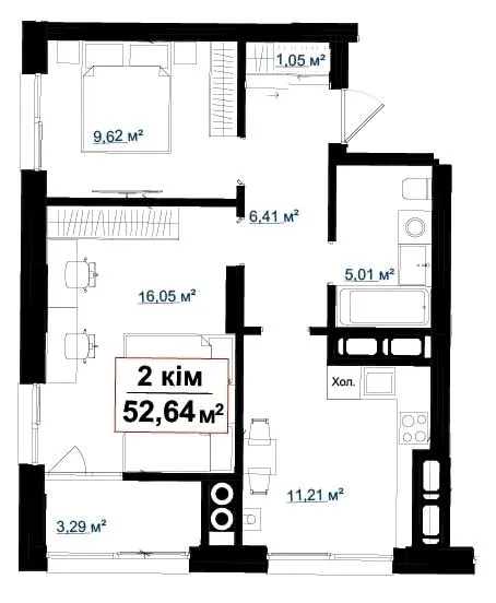 ЖК Акварелі — 52.6 м²