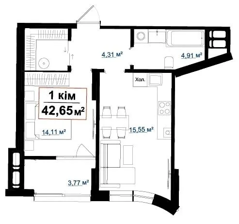 1-комнатная квартира, 43 м², вул. Пасічна, 30, Пасечная — фото 1