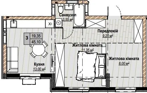 ЖК Plaza Kvartal 3 — 45.1 м²