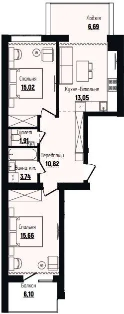 2-комнатная квартира, 69 м², Чагор — фото 1