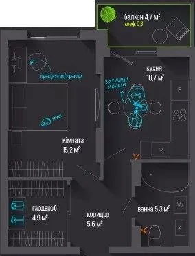 1-кімнатна квартира, 43 м², вул. Національної гвардії, Івано-Франківськ — фото 1