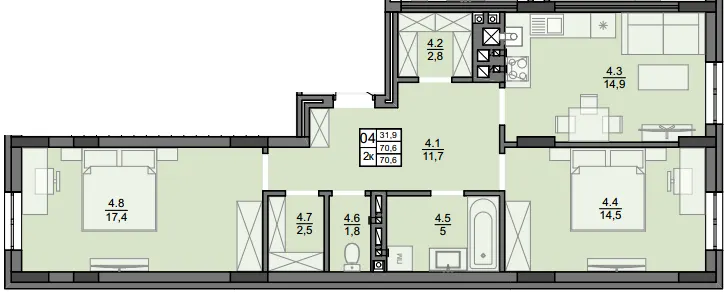 ЖК Винниківські Вежі — 70.6 м²
