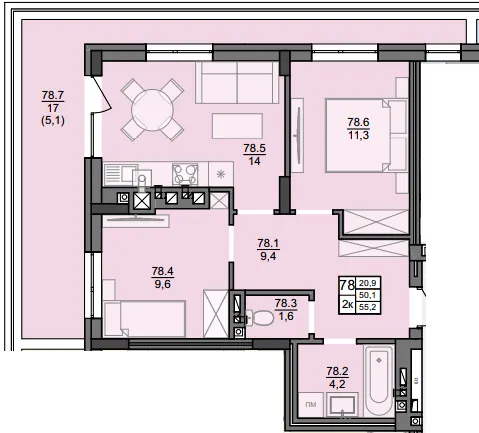 ЖК Винниківські Вежі — 55.2 м²