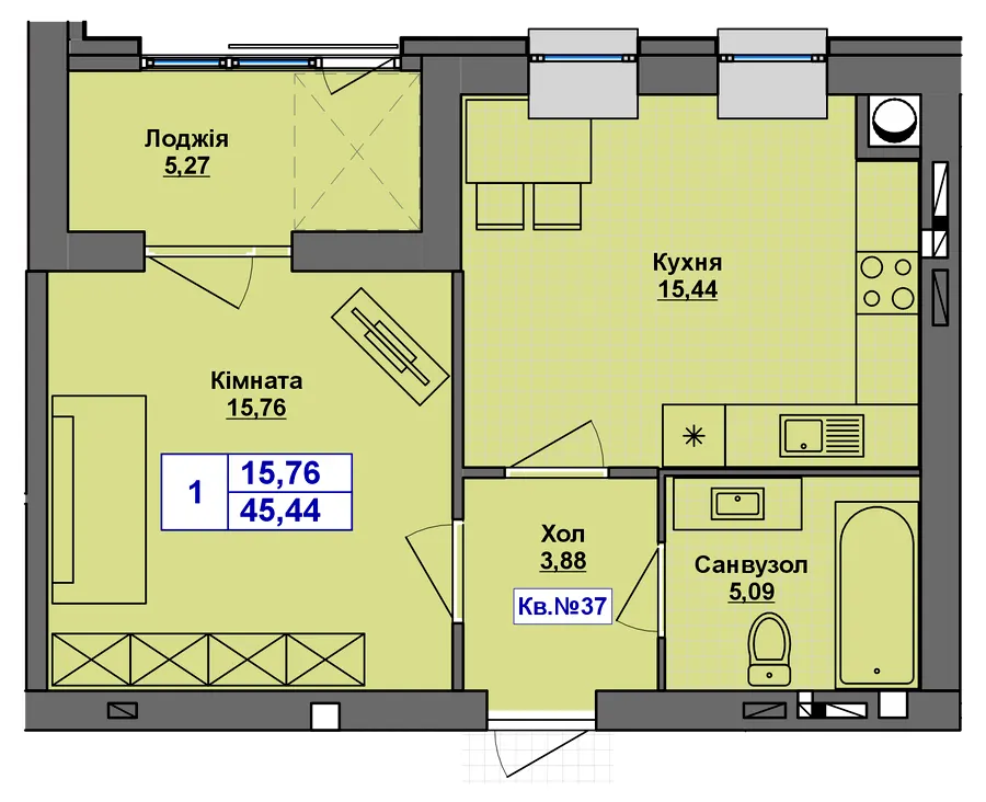 ЖК Перлина Проскурова-5 — 45.4 м²