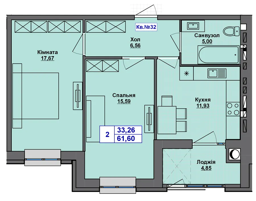 ЖК Перлина Проскурова-5 — 61.6 м²