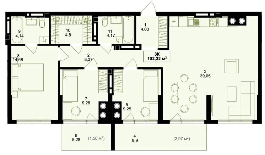 ЖК Green Side — 102.3 м²