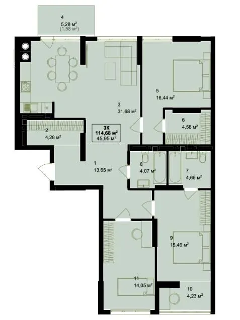 ЖК Green Side — 114.7 м²