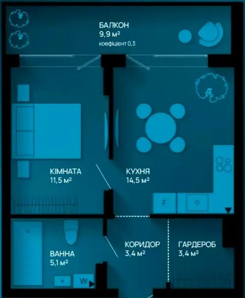 1-комнатная квартира, 41 м², вул. Хіміків, 28, Пасечная — фото 1