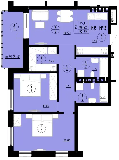 ЖК AURA — 92.8 м²