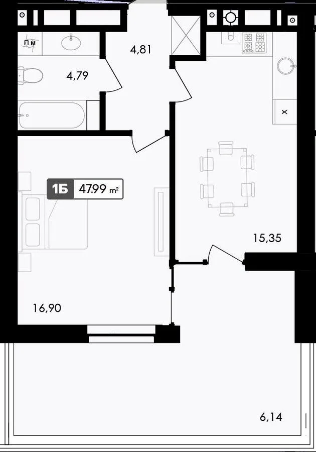 1-кімнатна квартира, 48 м², Черкаси — фото 1