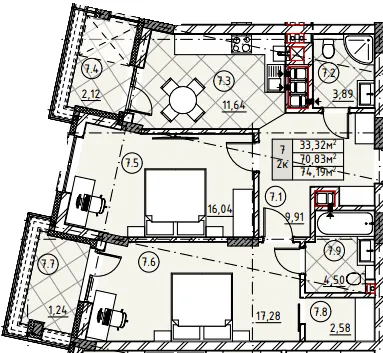 ЖК Резиденція Пасічна — 74.2 м²