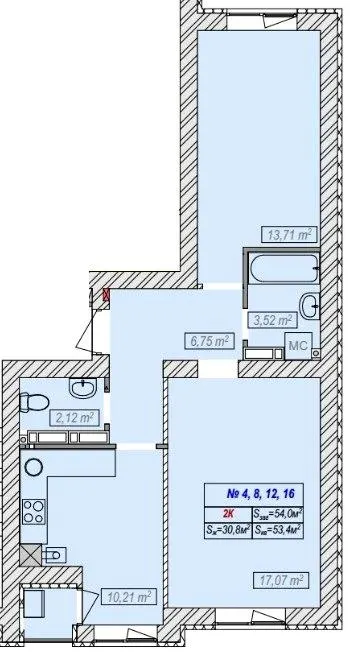 2-кімнатна квартира, 53 м², Хотів