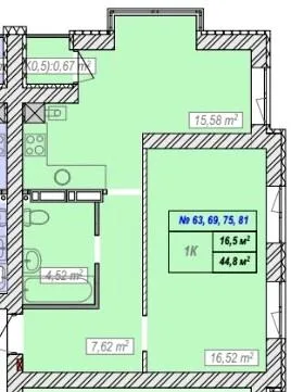 1-кімнатна квартира, 45 м², Хотів — фото 1