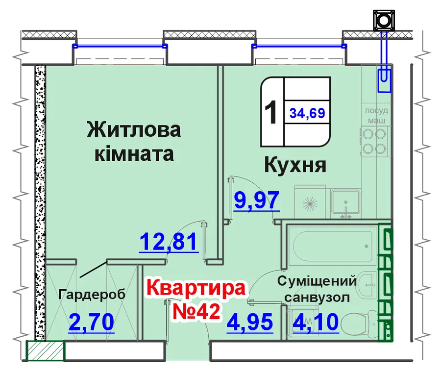 1-кімнатна квартира, 35 м², вул. Соборності, 90/1, Кропивницький — фото 1