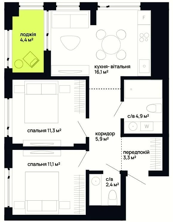 2-комнатная квартира, 59 м², вул. Хотинська, 8, Черновцы — фото 1