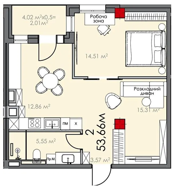 ЖК КВАРТАЛ SOHO — 53.7 м²