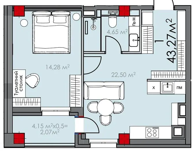 ЖК КВАРТАЛ SOHO — 43.3 м²