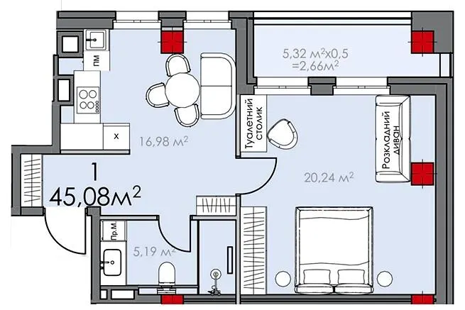 ЖК КВАРТАЛ SOHO — 45.1 м²