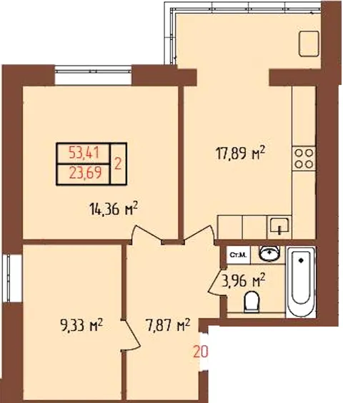 2-комнатная квартира, 53 м², Шепетовка