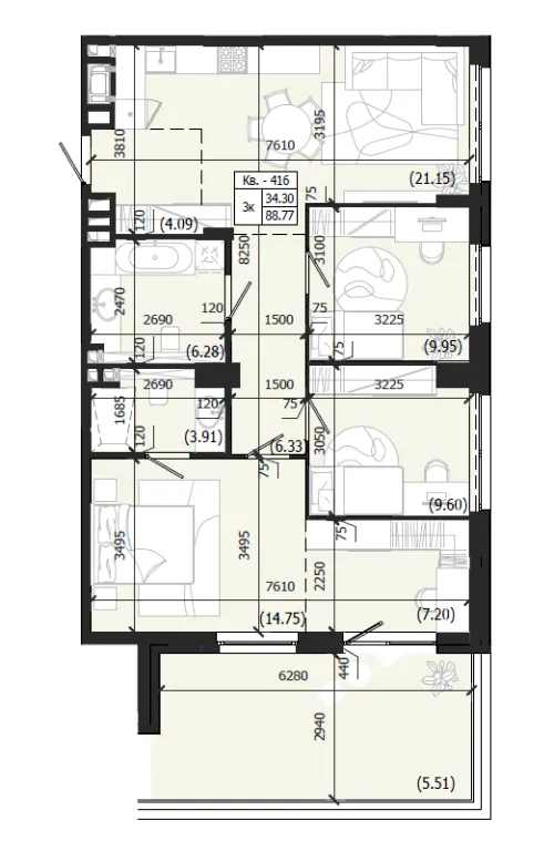 ЖК Парус WEST — 88.8 м²