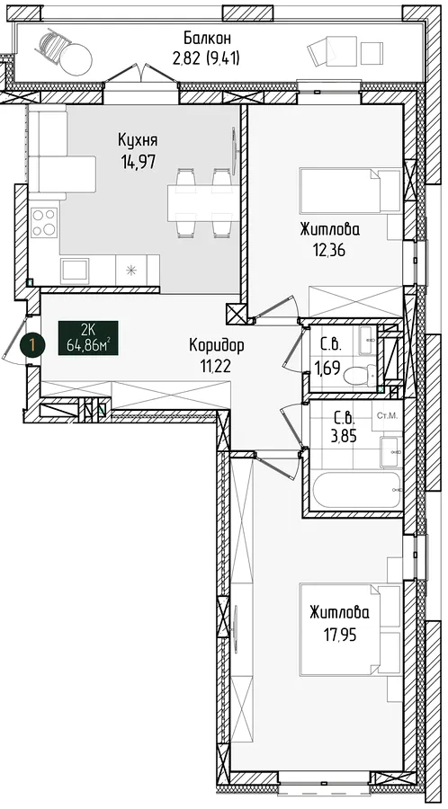 ЖК Grand Residence Chernivtsi — 64.9 м²