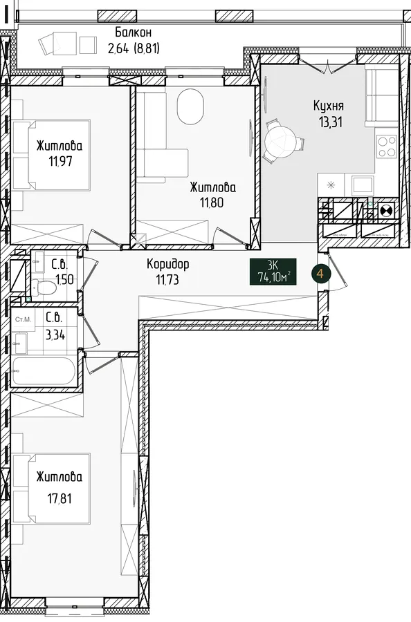 ЖК Grand Residence Chernivtsi — 74.1 м²