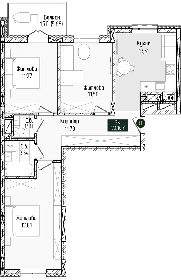 ЖК Grand Residence Chernivtsi — 73.2 м²