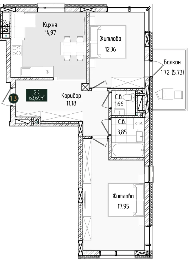 ЖК Grand Residence Chernivtsi — 63.7 м²