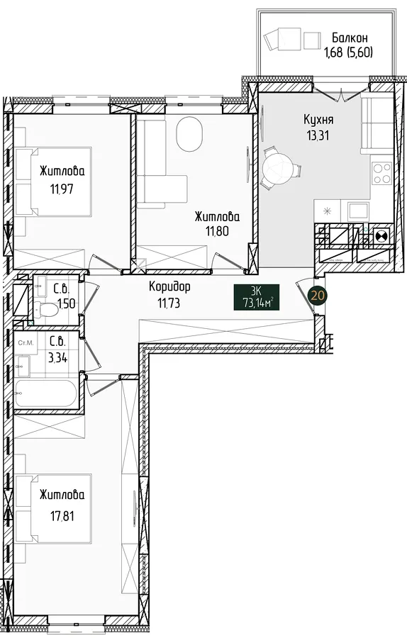 ЖК Grand Residence Chernivtsi — 73.1 м²