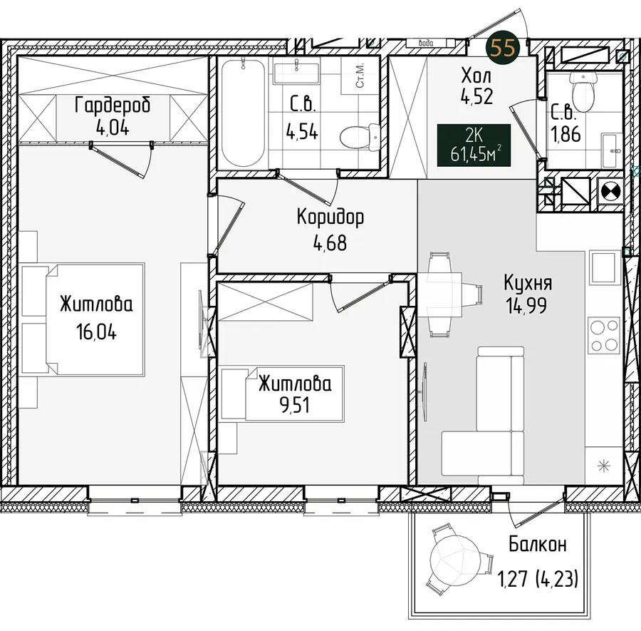 ЖК Grand Residence Chernivtsi — 61.5 м²