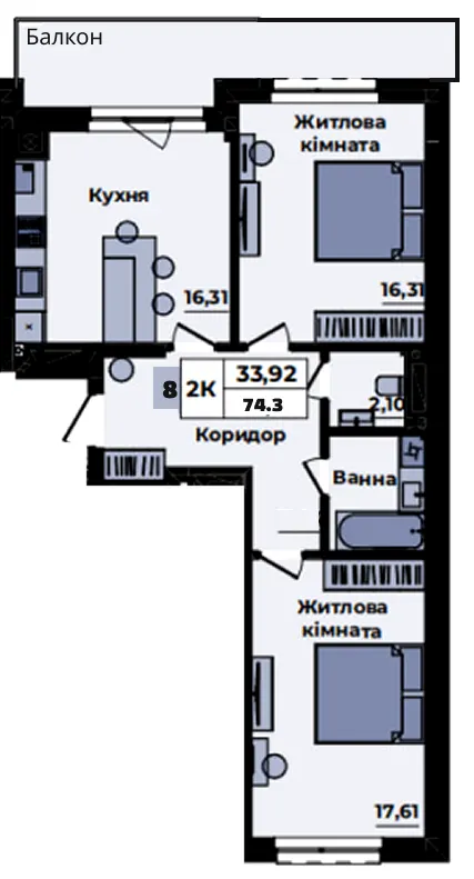 ЖК Sapfire towers — 74.3 м²