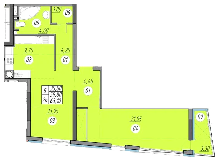 ЖК Набережна Вежа — 63.1 м²