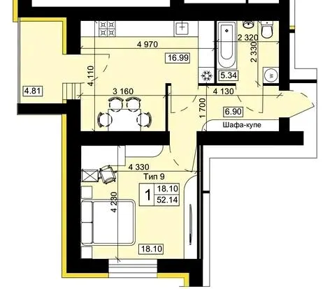 Мікрорайон Академічний — 52.1 м²