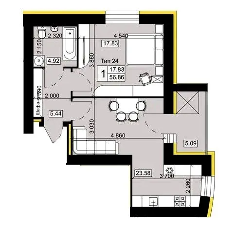 Мікрорайон Академічний — 56.9 м²