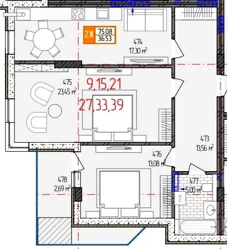вул. Родіона Скалецького, 21 — 75.1 м²